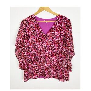 Anna Cate Nina Blouse Size Medium in confetti print Pink Red V Neck Flowy Sleeve